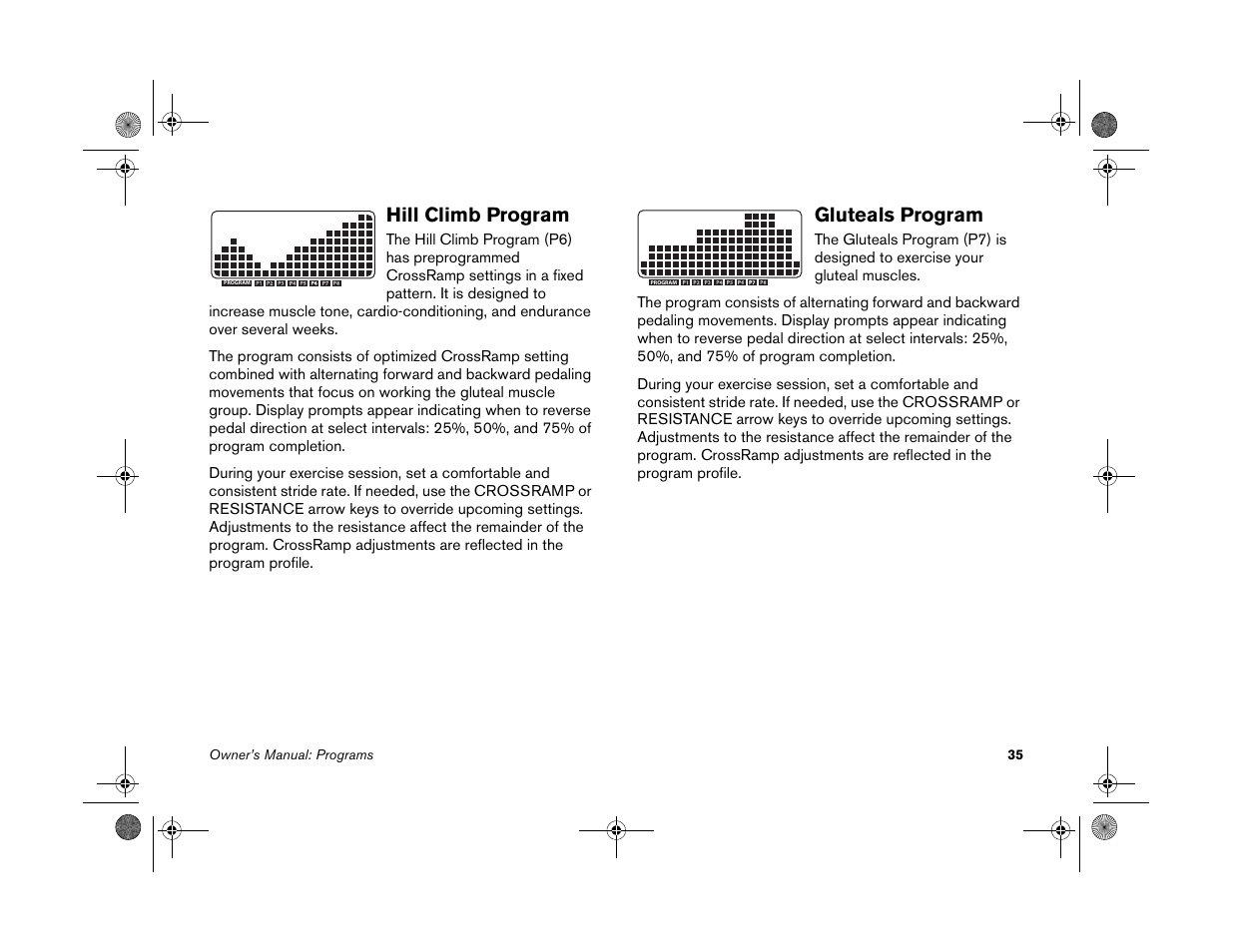 Hill climb program, Gluteals program, Hill climb program gluteals program | Precor EFX 5.25 User Manual | Page 37 / 56