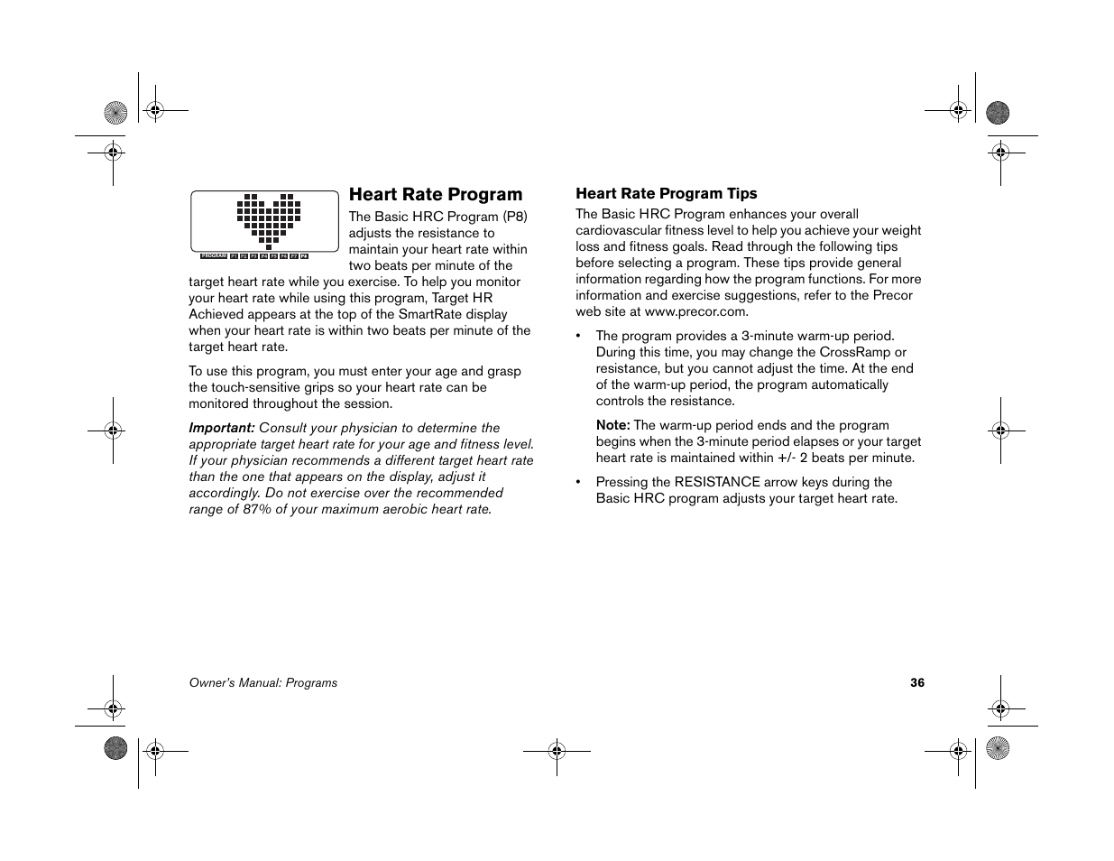 Heart rate program | Precor EFX 5.25 User Manual | Page 38 / 56