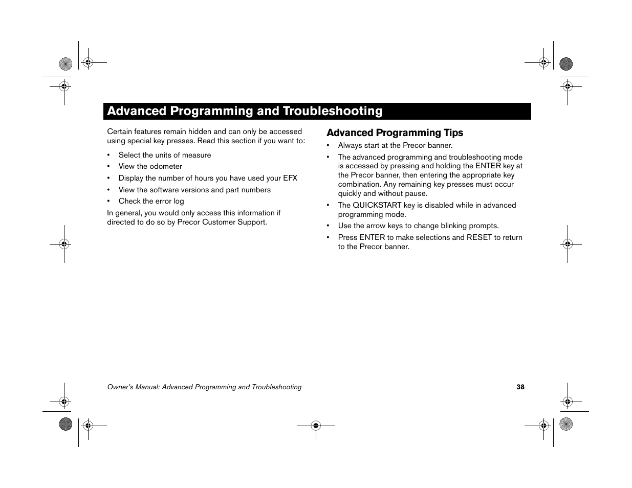 Advanced programming and troubleshooting, Advanced programming tips | Precor EFX 5.25 User Manual | Page 40 / 56