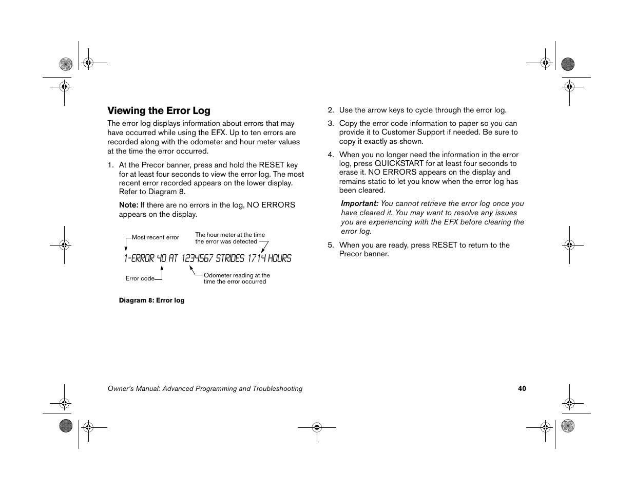 Viewing the error log | Precor EFX 5.25 User Manual | Page 42 / 56