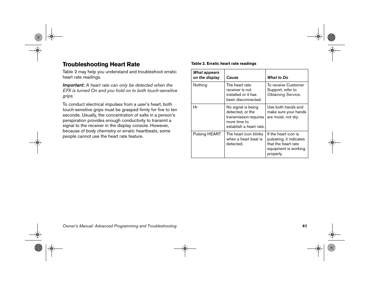 Troubleshooting heart rate | Precor EFX 5.25 User Manual | Page 43 / 56