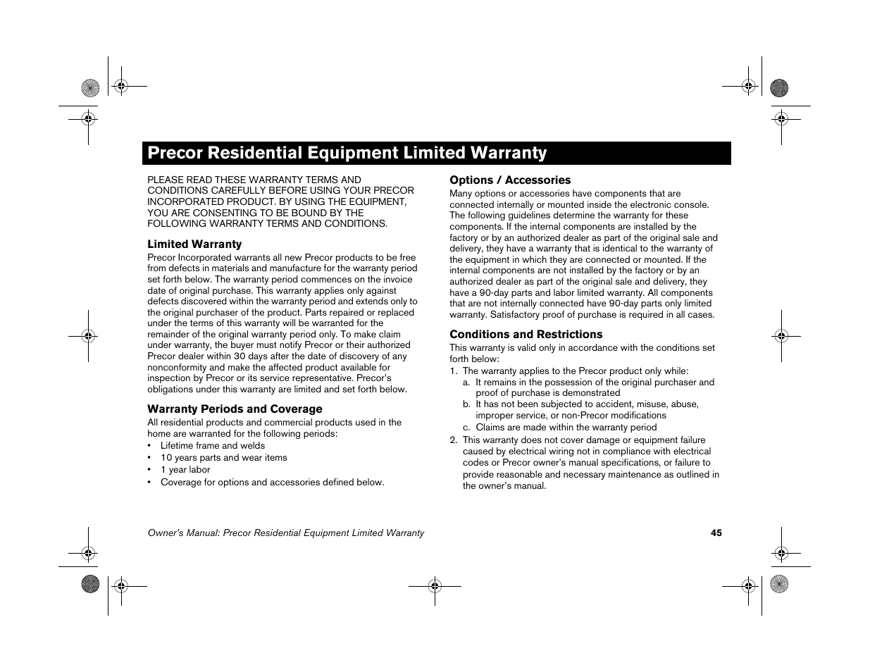 Precor residential equipment limited warranty | Precor EFX 5.25 User Manual | Page 47 / 56