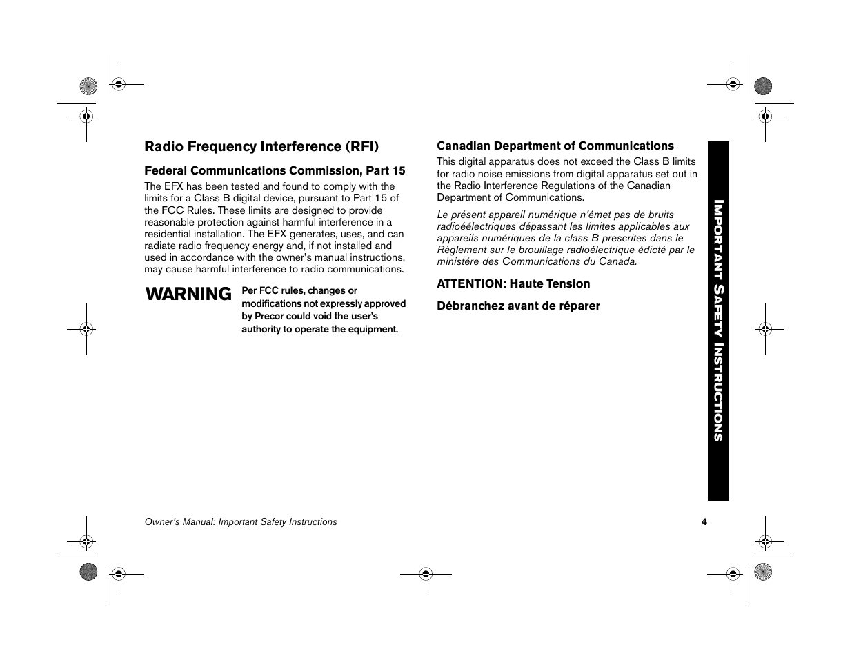 Radio frequency interference (rfi), Warning | Precor EFX 5.25 User Manual | Page 6 / 56