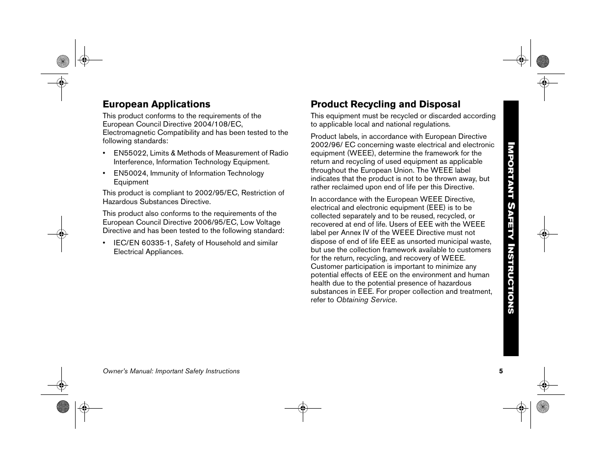 European applications, Product recycling and disposal | Precor EFX 5.25 User Manual | Page 7 / 56