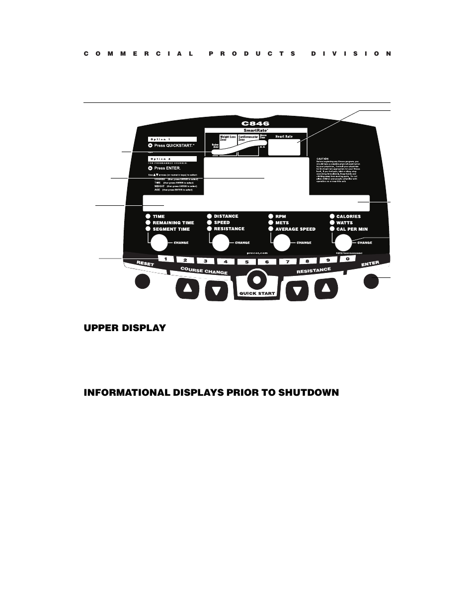 Upper display, Informational displays prior to shutdown | Precor C846 User Manual | Page 23 / 60