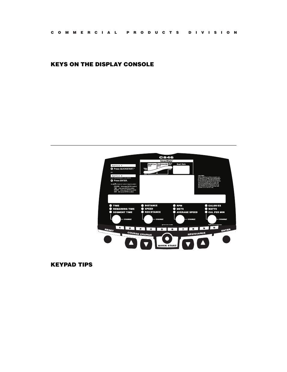 Keys on the display console, Keypad tips | Precor C846 User Manual | Page 26 / 60