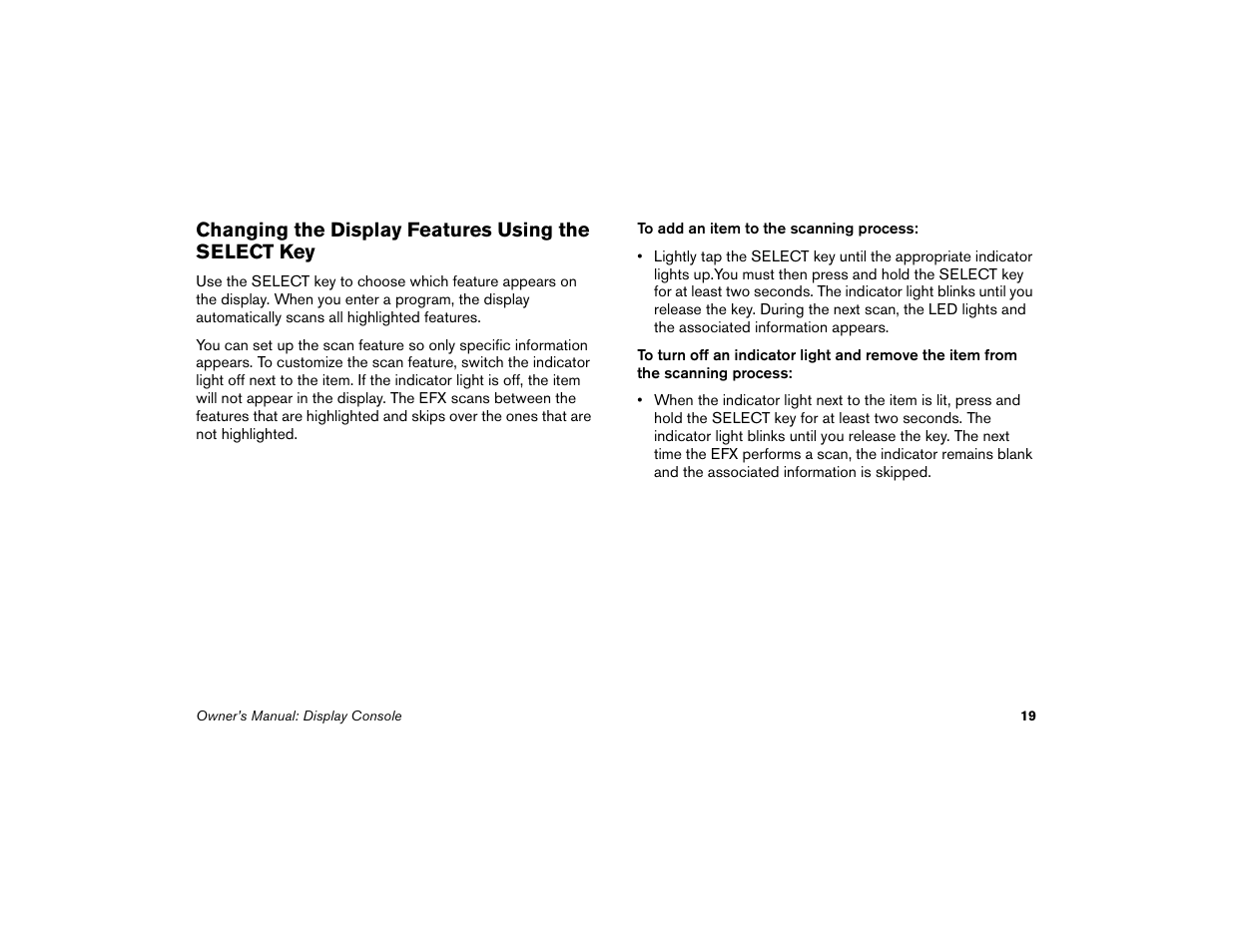 Changing the display features using the select key | Precor EFX 5.21i User Manual | Page 21 / 58