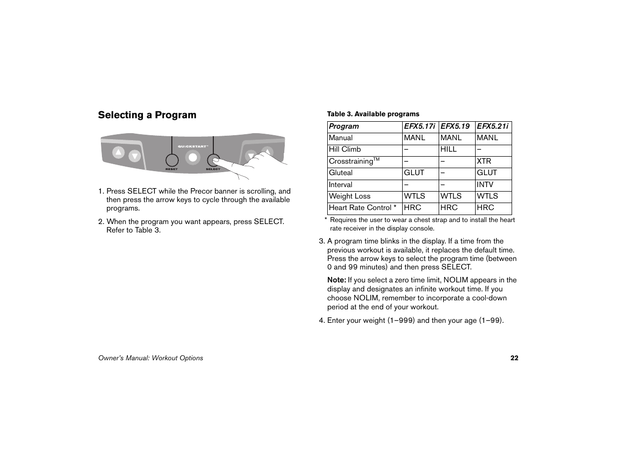 Selecting a program | Precor EFX 5.21i User Manual | Page 24 / 58