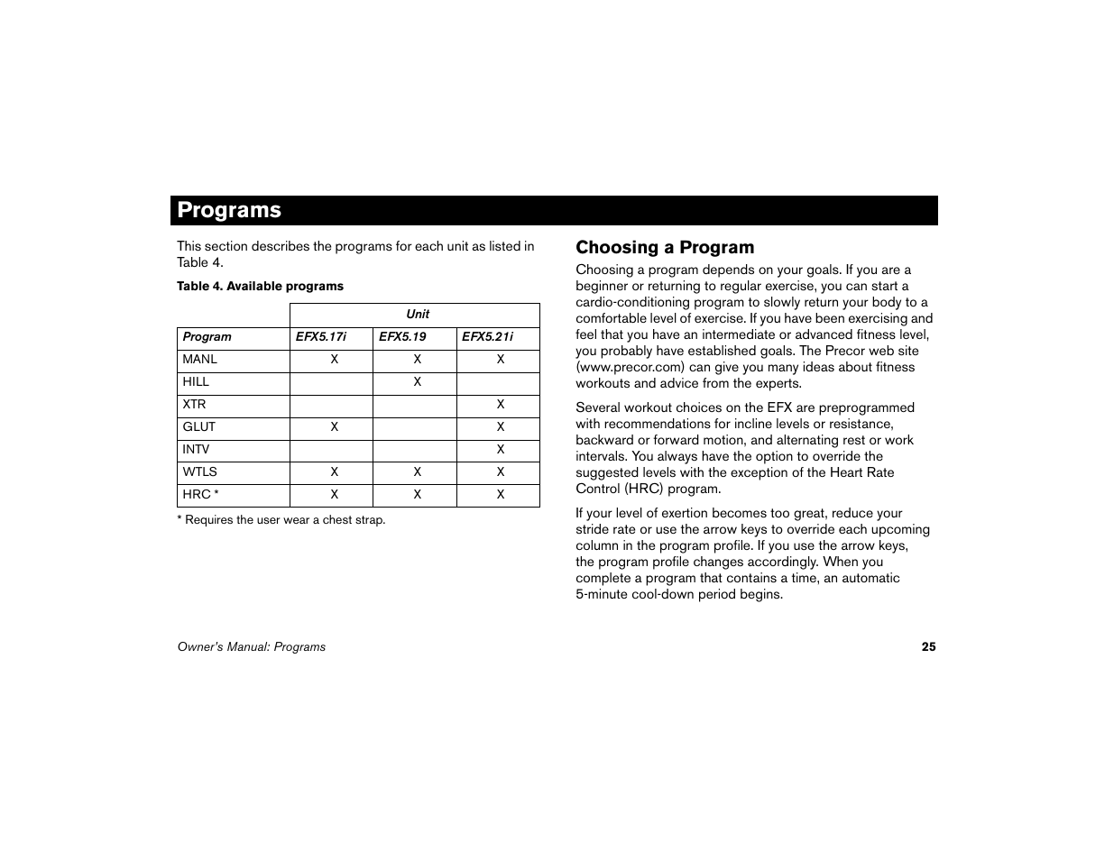 Programs, Choosing a program | Precor EFX 5.21i User Manual | Page 27 / 58