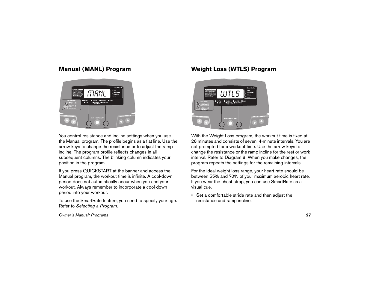 Manual (manl) program, Weight loss (wtls) program, Manual (manl) program weight loss (wtls) program | Manl wtls | Precor EFX 5.21i User Manual | Page 29 / 58