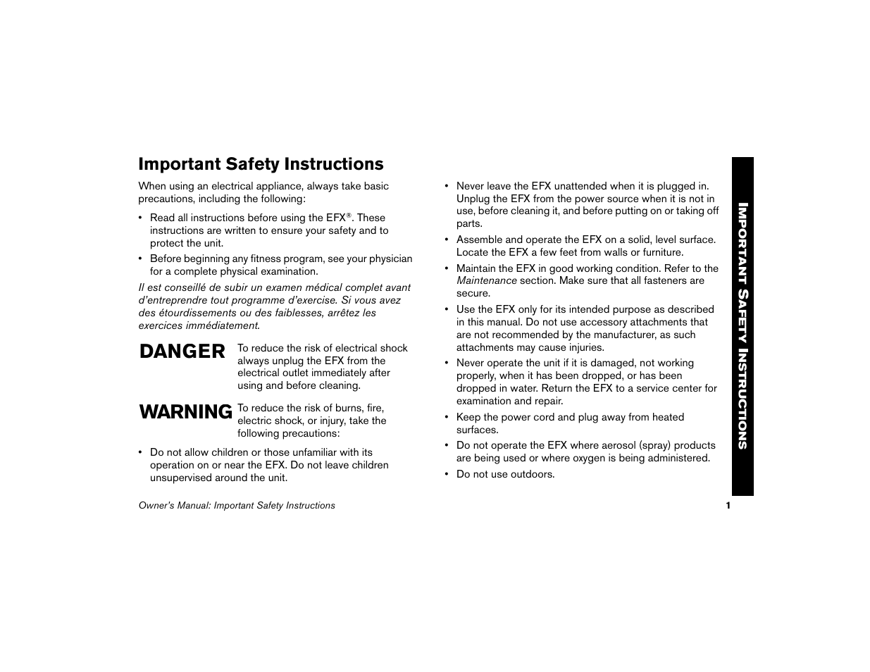 Important safety instructions, Danger warning | Precor EFX 5.21i User Manual | Page 3 / 58