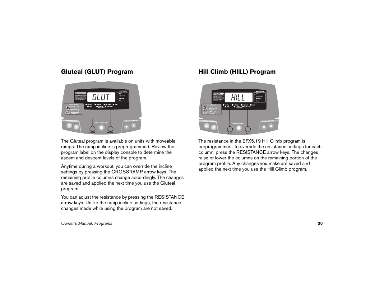 Gluteal (glut) program, Hill climb (hill) program, Gluteal (glut) program hill climb (hill) program | Glut hill | Precor EFX 5.21i User Manual | Page 32 / 58