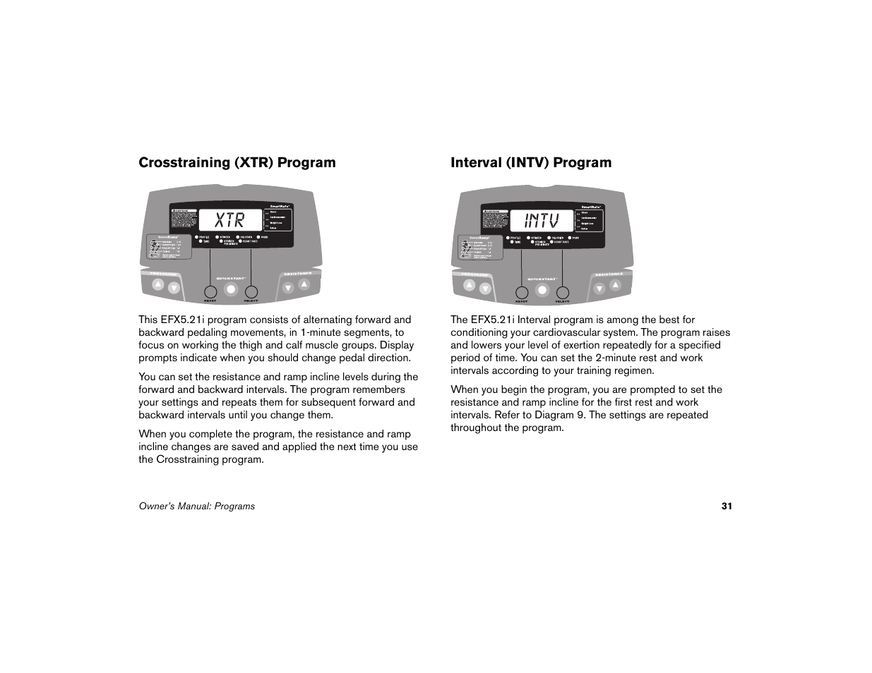 Crosstraining (xtr) program, Interval (intv) program, Xtr intv | Precor EFX 5.21i User Manual | Page 33 / 58