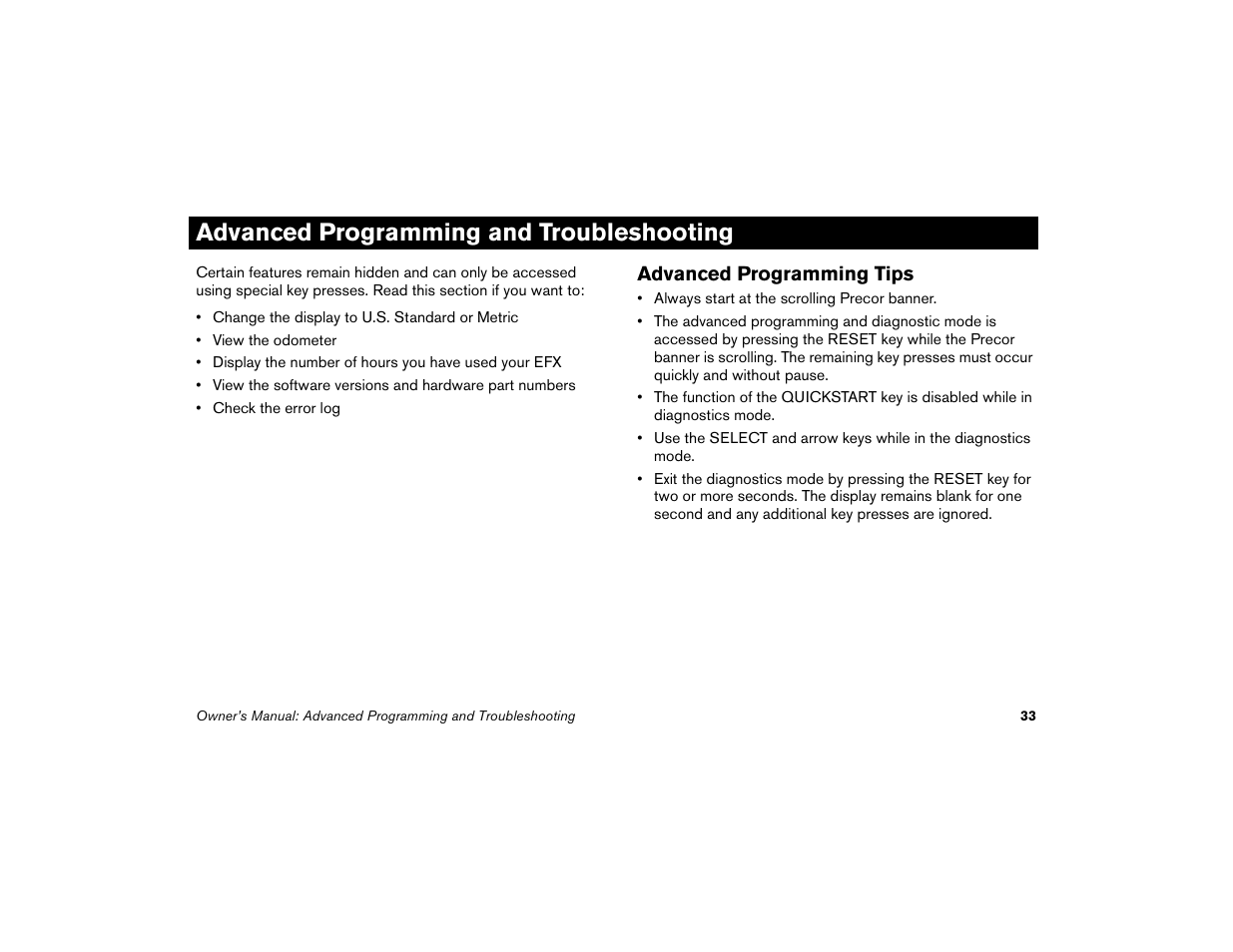 Advanced programming and troubleshooting, Advanced programming tips | Precor EFX 5.21i User Manual | Page 35 / 58