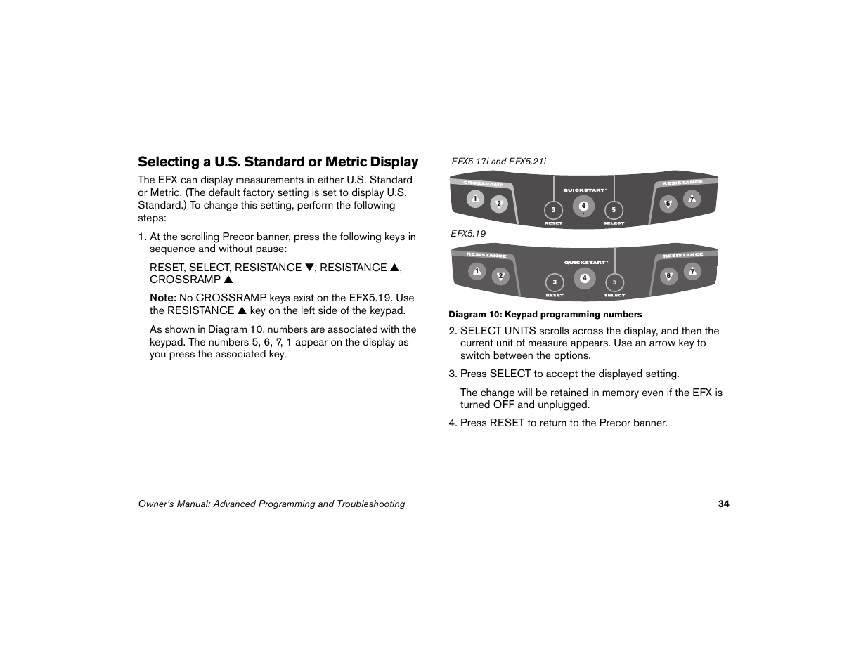 Selecting a u.s. standard or metric display | Precor EFX 5.21i User Manual | Page 36 / 58