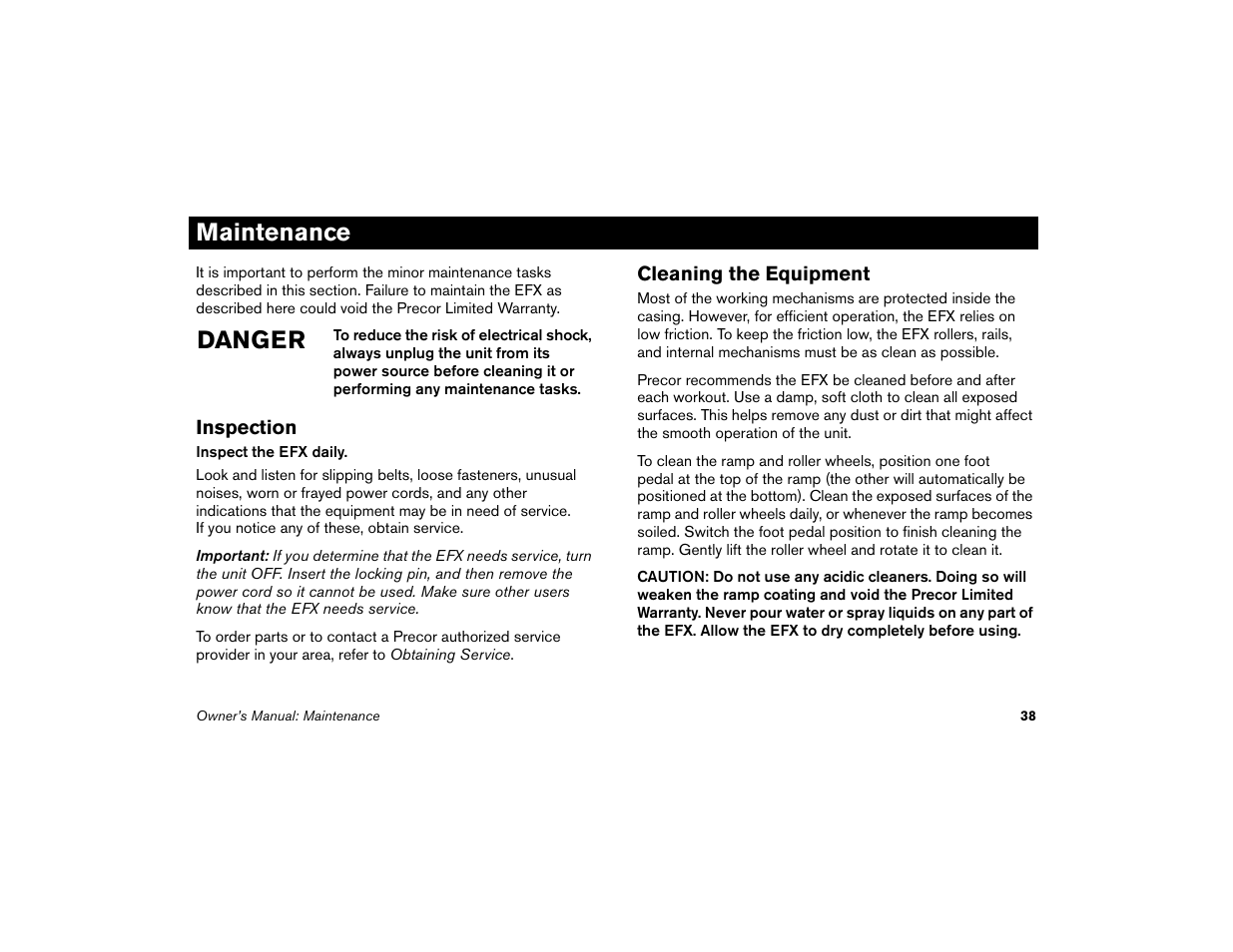 Maintenance, Inspection, Cleaning the equipment | Inspection cleaning the equipment, Danger | Precor EFX 5.21i User Manual | Page 40 / 58