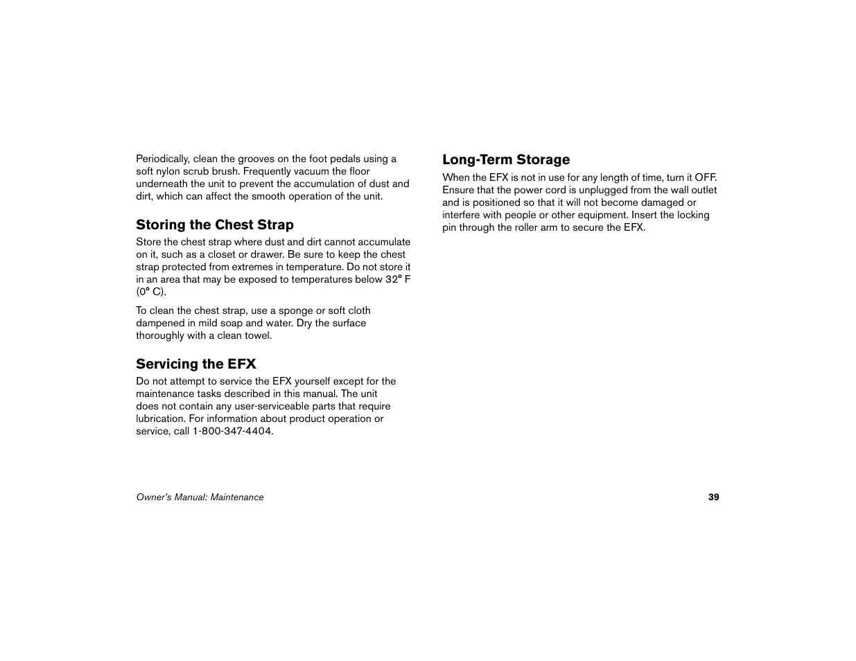 Storing the chest strap, Servicing the efx, Long-term storage | Precor EFX 5.21i User Manual | Page 41 / 58