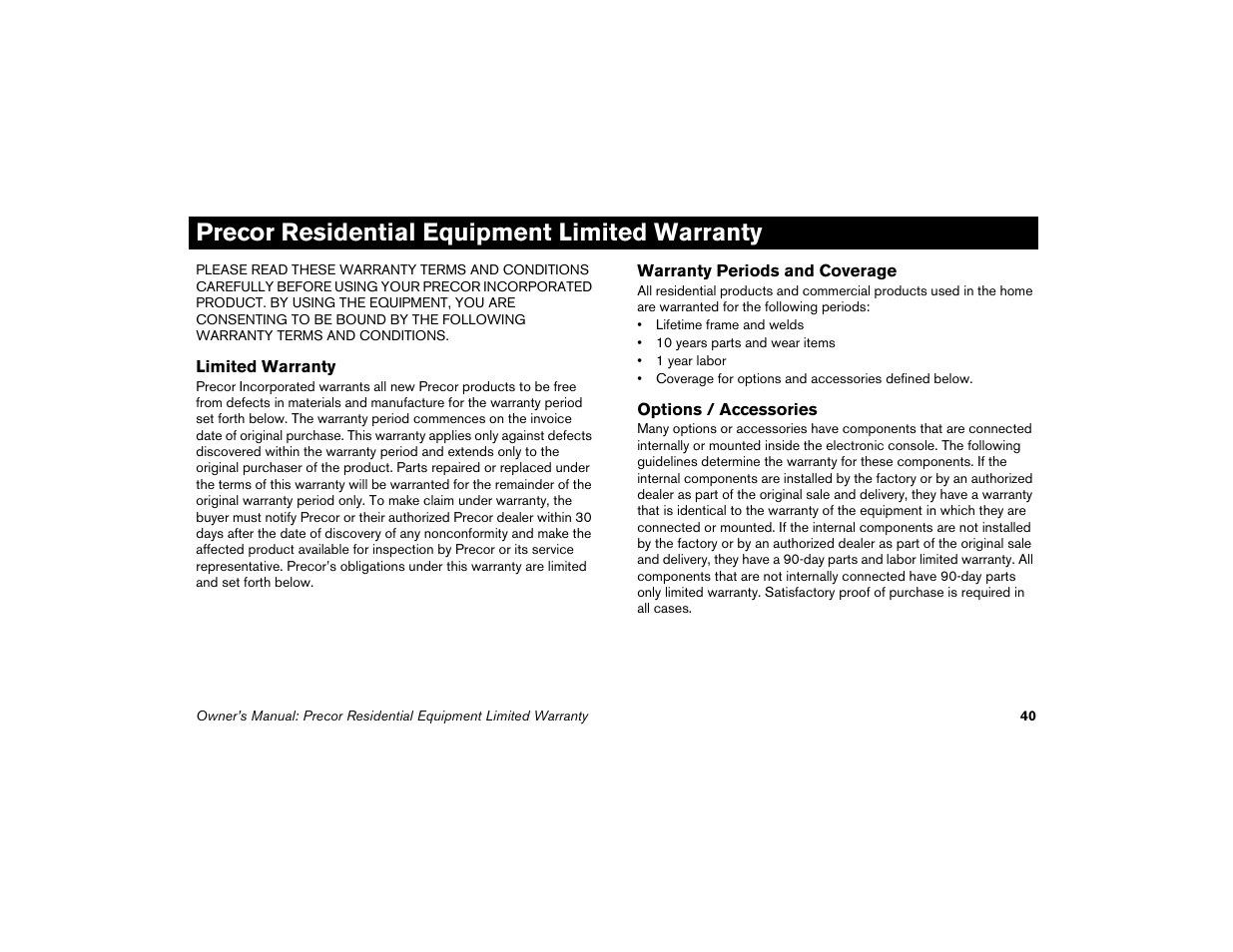 Precor residential equipment limited warranty | Precor EFX 5.21i User Manual | Page 42 / 58