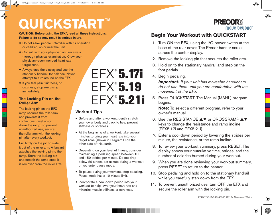 48138-102 efx5.17i/5.19/5.21i quickstart card, Quickstart, Begin your workout with quickstart | Workout tips | Precor EFX 5.21i User Manual | Page 49 / 58