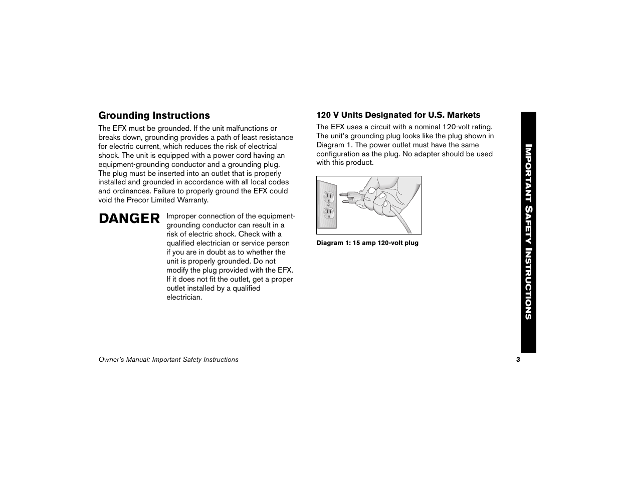 Grounding instructions, Danger | Precor EFX 5.21i User Manual | Page 5 / 58