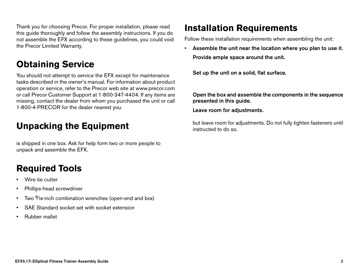 Obtaining service, Unpacking the equipment, Required tools | Installation requirements | Precor EFX 5.21i User Manual | Page 52 / 58