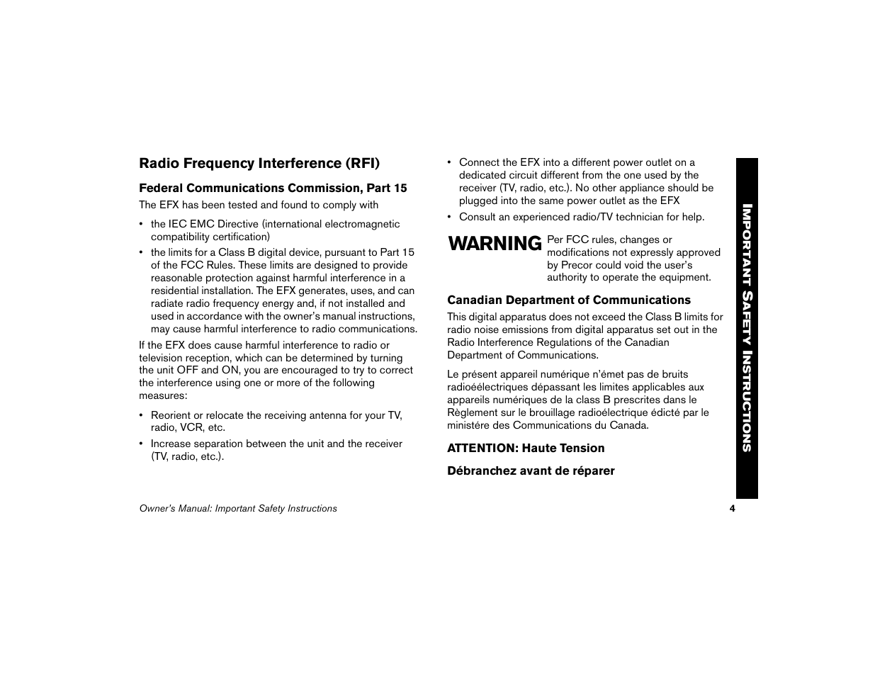 Radio frequency interference (rfi), Warning | Precor EFX 5.21i User Manual | Page 6 / 58