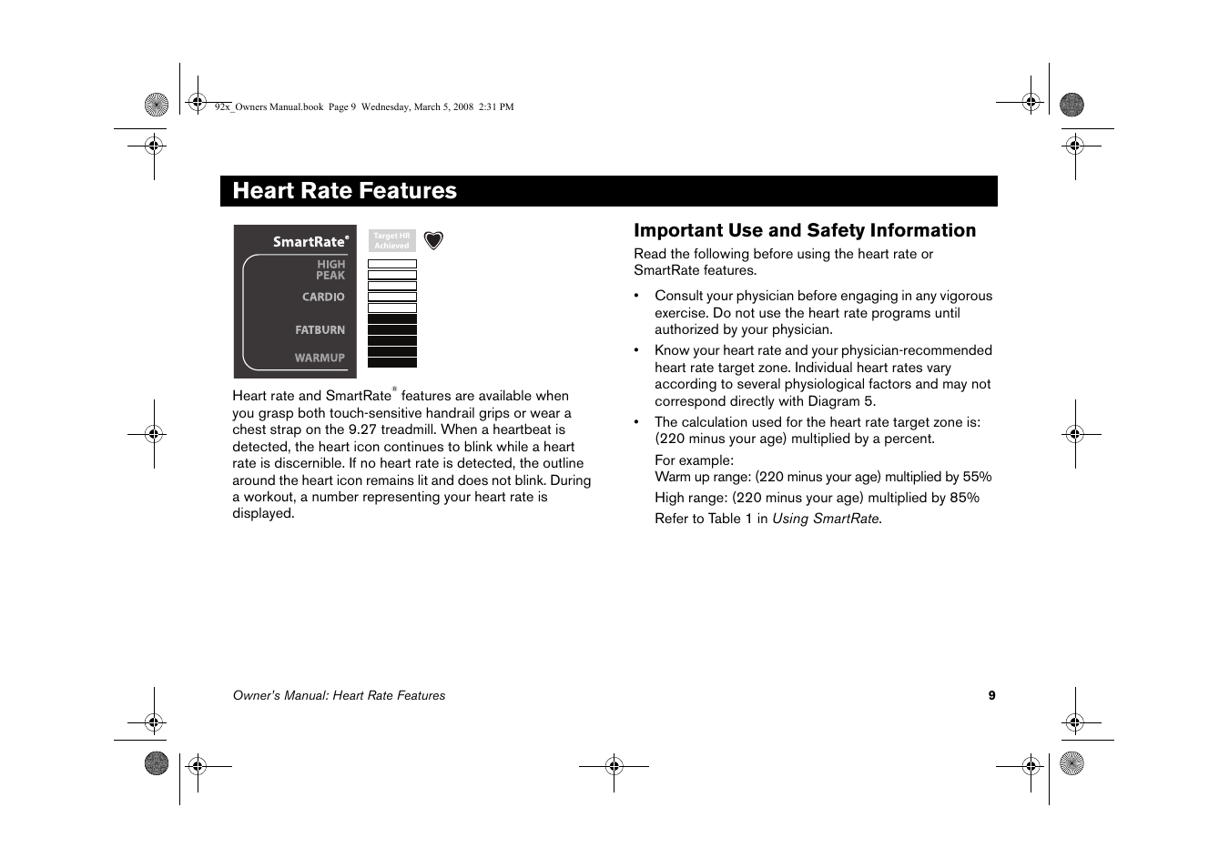 Heart rate features, Important use and safety information | Precor Low Impact 9.27 User Manual | Page 11 / 53