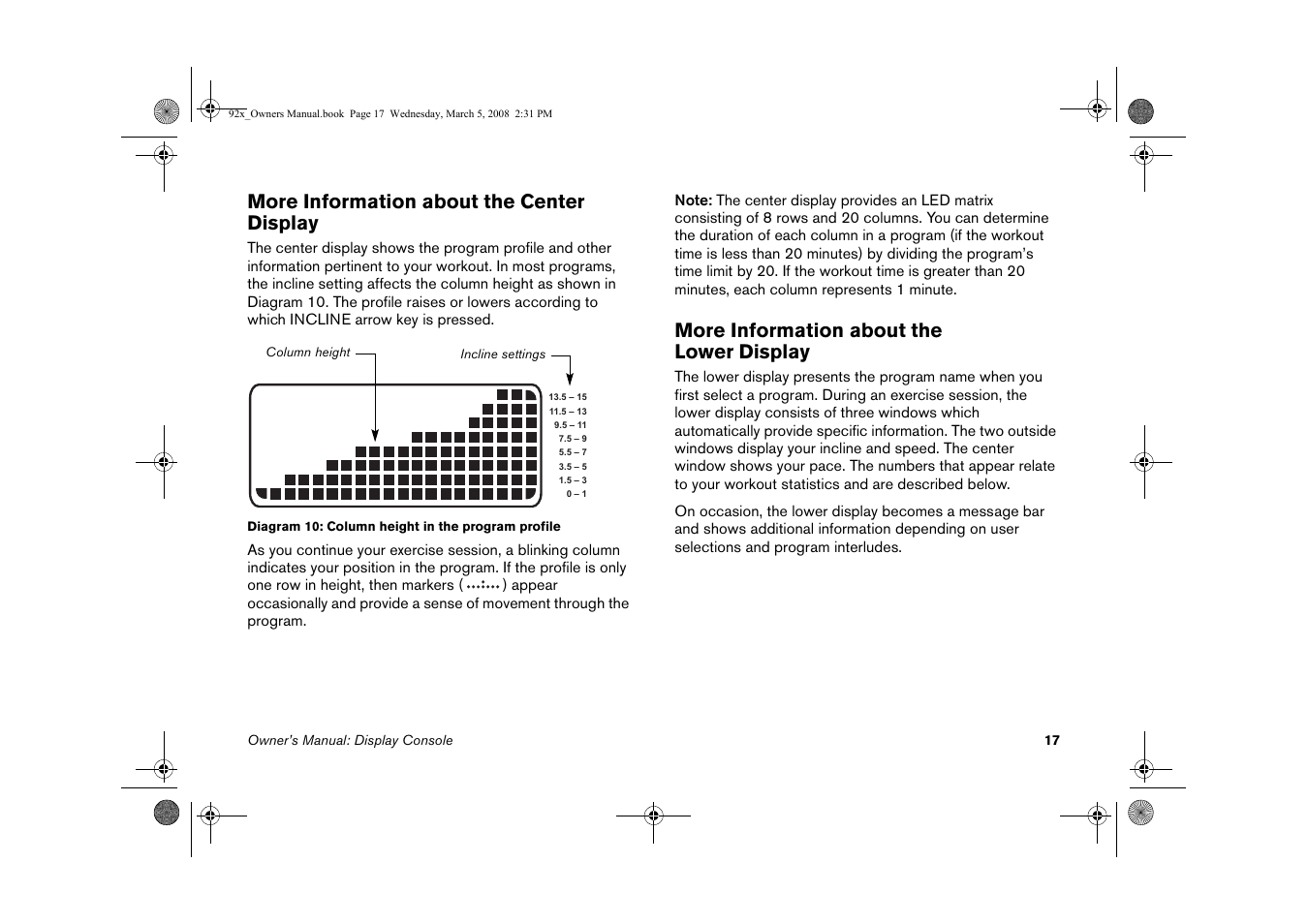 More information about the center display, More information about the lower display | Precor Low Impact 9.27 User Manual | Page 19 / 53