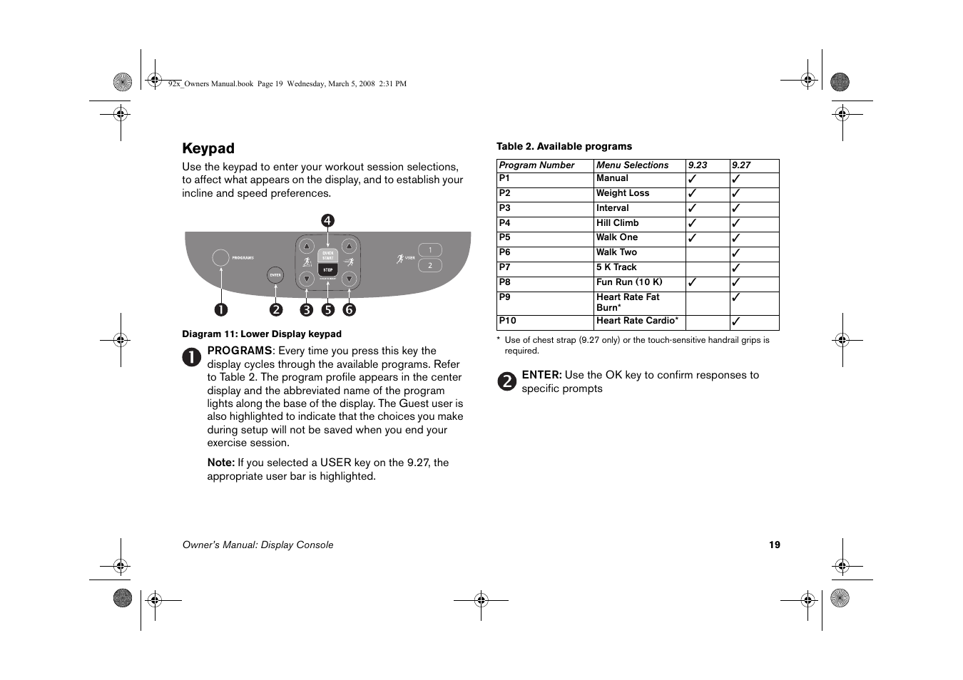 Keypad | Precor Low Impact 9.27 User Manual | Page 21 / 53