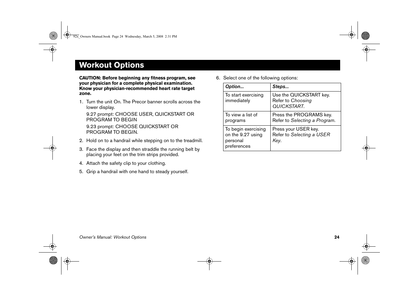 Workout options | Precor Low Impact 9.27 User Manual | Page 26 / 53