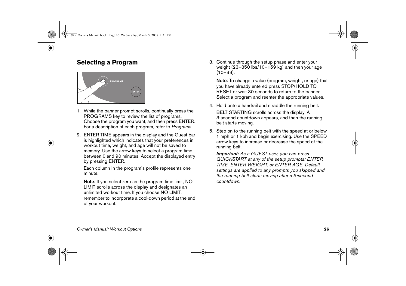 Selecting a program | Precor Low Impact 9.27 User Manual | Page 28 / 53