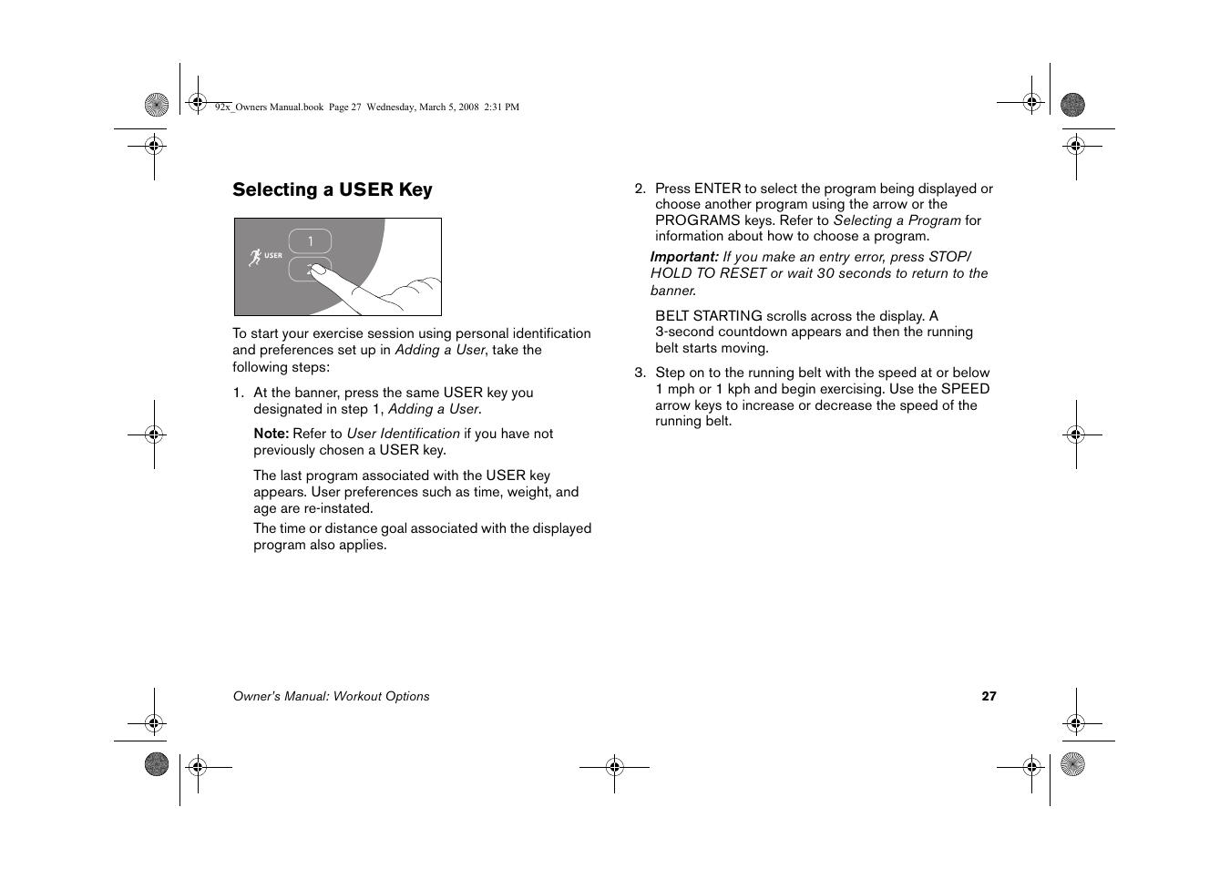Selecting a user key | Precor Low Impact 9.27 User Manual | Page 29 / 53