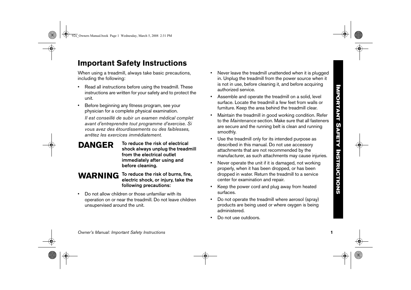 92x_owners manual, Danger warning, Important safety instructions | Precor Low Impact 9.27 User Manual | Page 3 / 53