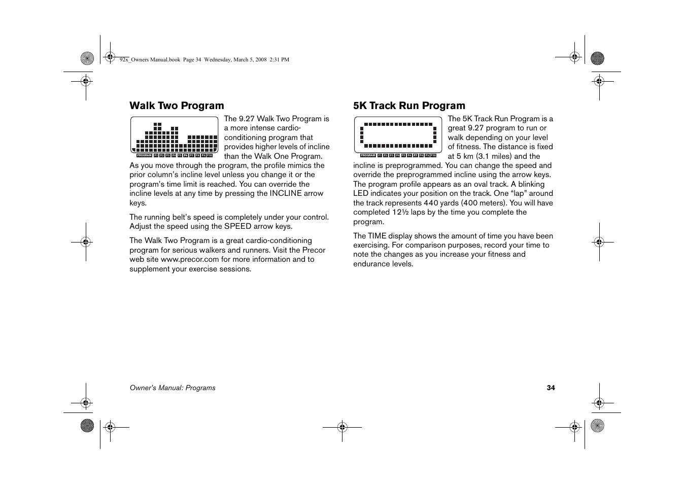 Walk two program 5k track run program, Walk two program, 5k track run program | Precor Low Impact 9.27 User Manual | Page 36 / 53