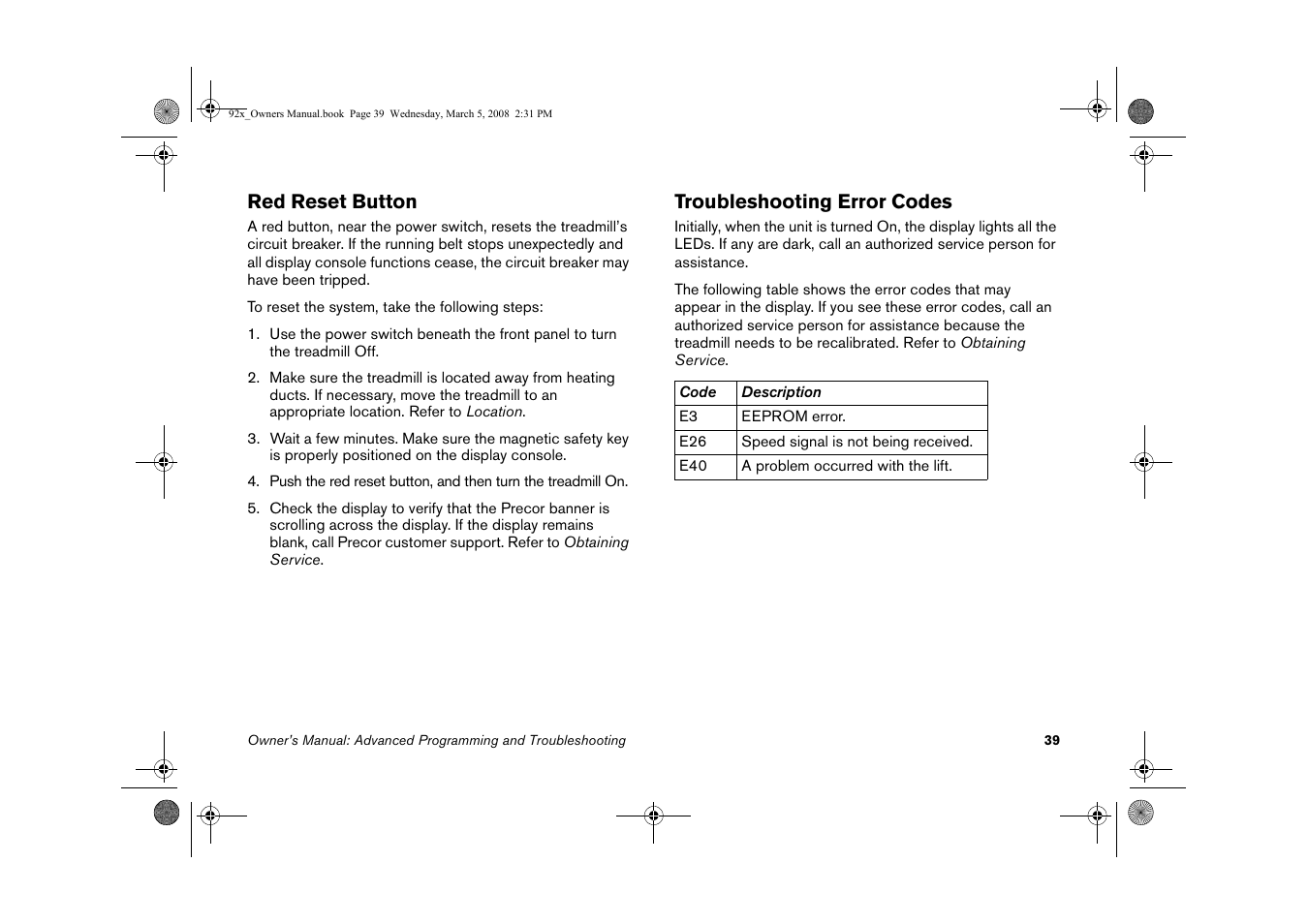 Red reset button troubleshooting error codes | Precor Low Impact 9.27 User Manual | Page 41 / 53