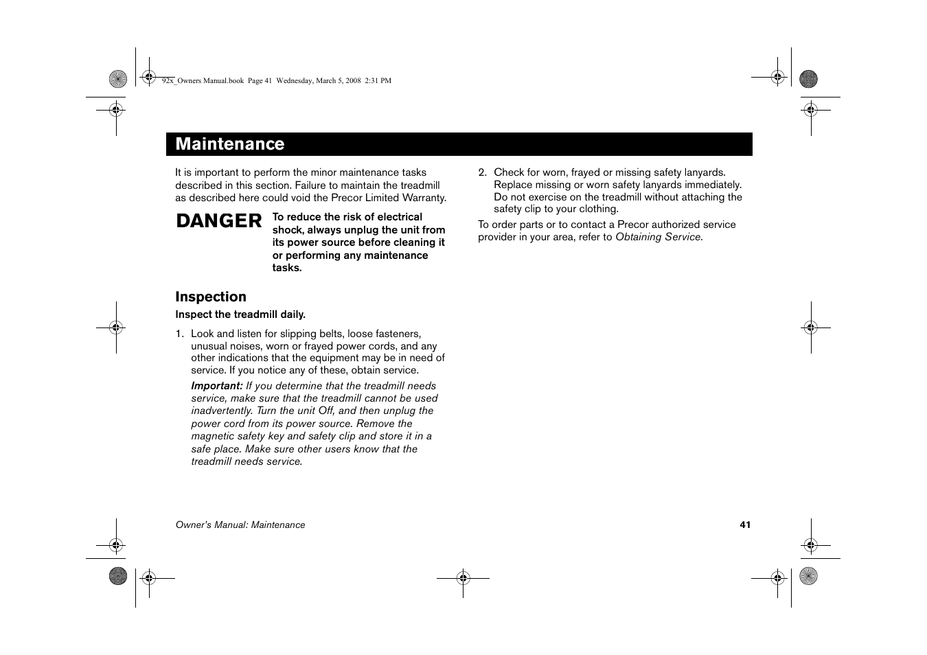 Maintenance, Inspection, Danger | Precor Low Impact 9.27 User Manual | Page 43 / 53