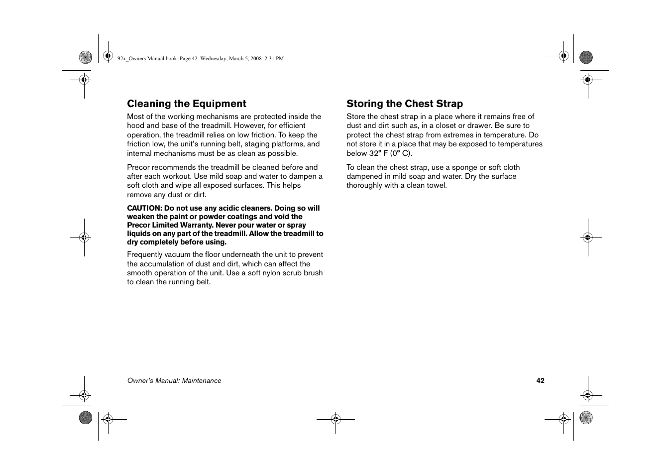 Cleaning the equipment storing the chest strap | Precor Low Impact 9.27 User Manual | Page 44 / 53