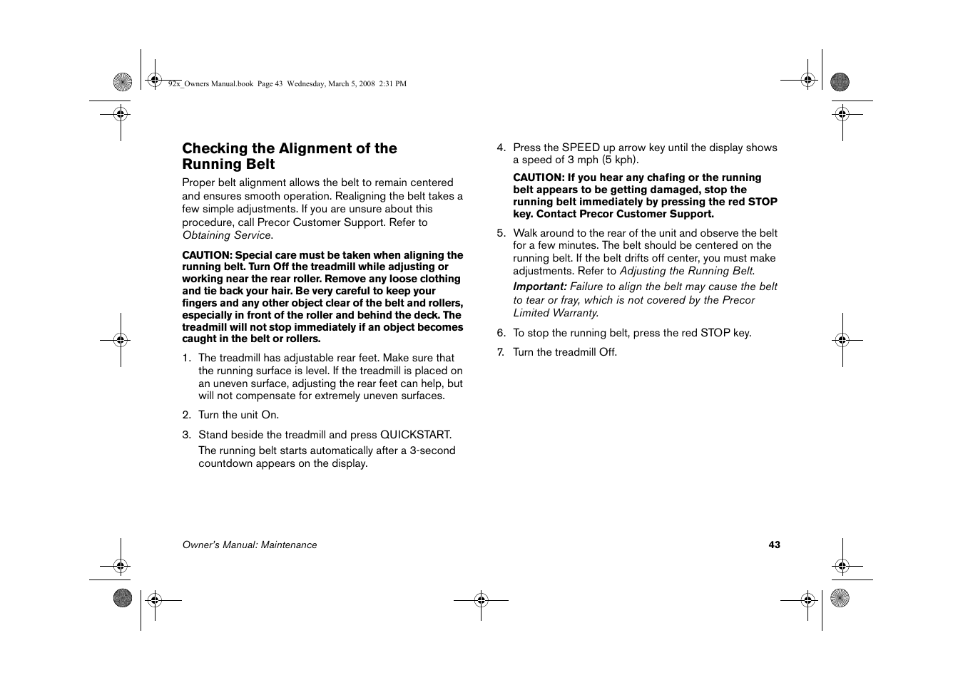 Checking the alignment of the running belt | Precor Low Impact 9.27 User Manual | Page 45 / 53
