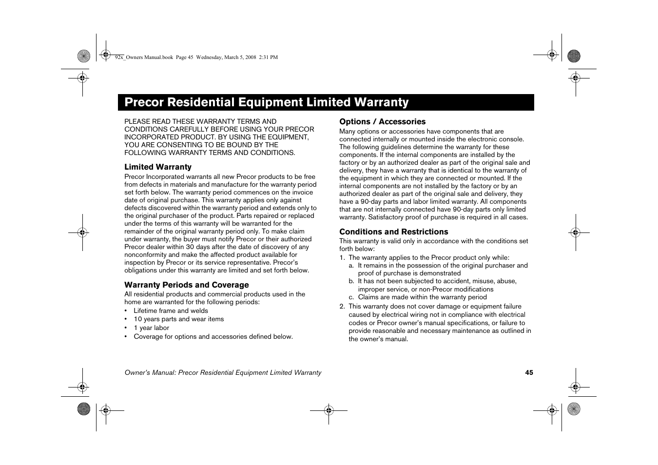 Precor residential equipment limited warranty | Precor Low Impact 9.27 User Manual | Page 47 / 53