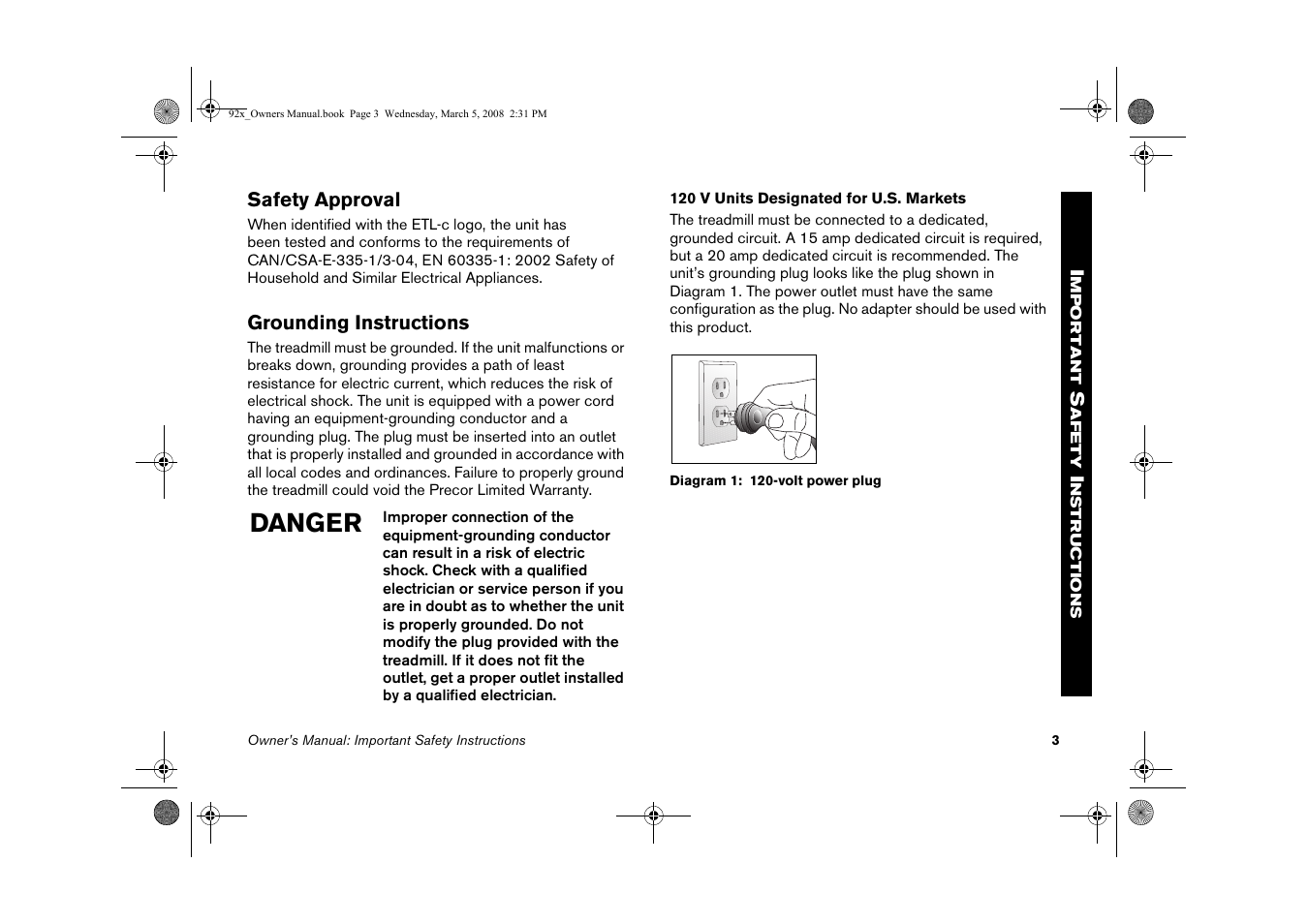 Danger | Precor Low Impact 9.27 User Manual | Page 5 / 53