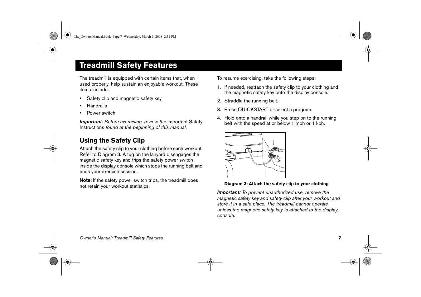 Treadmill safety features, Using the safety clip | Precor Low Impact 9.27 User Manual | Page 9 / 53