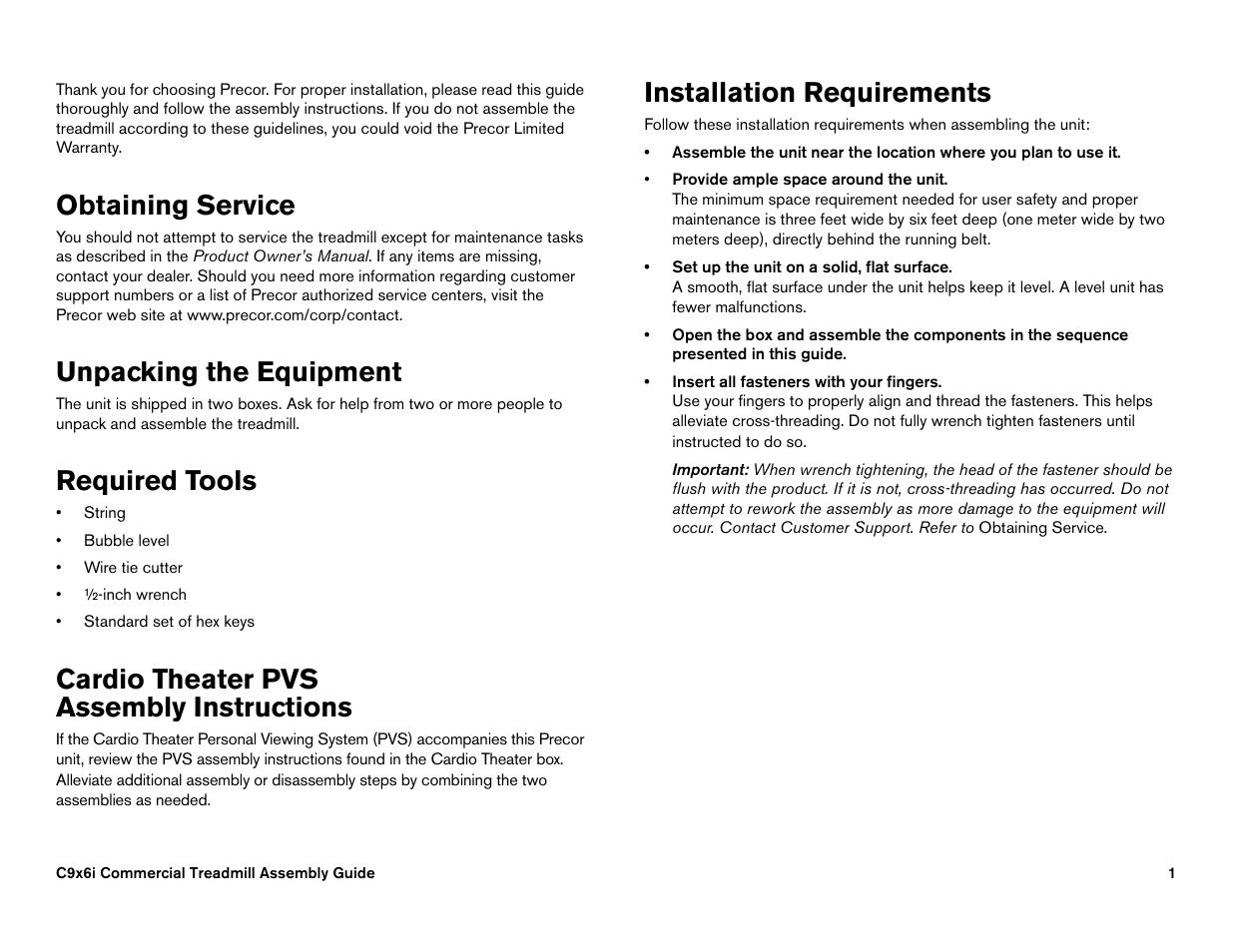 Obtaining service, Unpacking the equipment, Required tools | Cardio theater pvsassembly instructions, Installation requirements, Cardio theater pvs assembly instructions | Precor EFX546i User Manual | Page 103 / 114