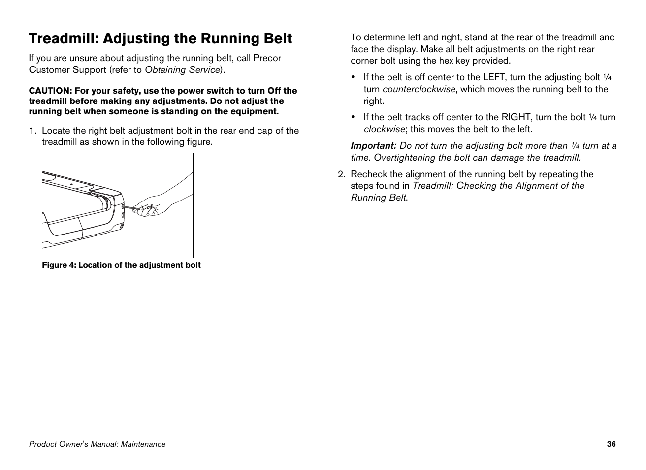 Treadmill: adjusting the running belt | Precor EFX546i User Manual | Page 38 / 114