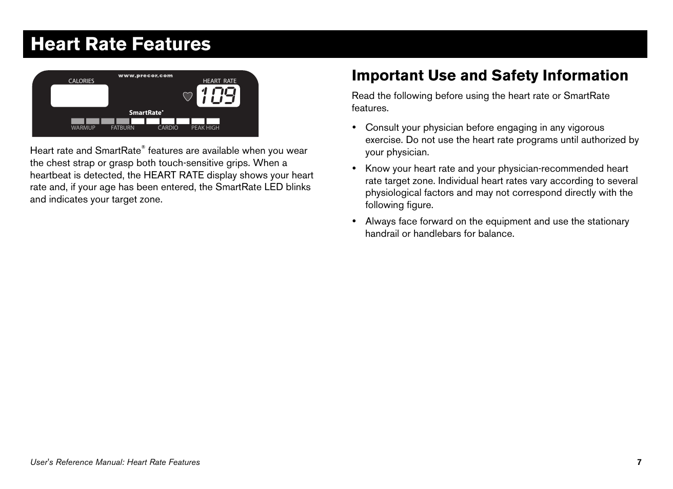 Heart rate features, Important use and safety information | Precor EFX546i User Manual | Page 57 / 114