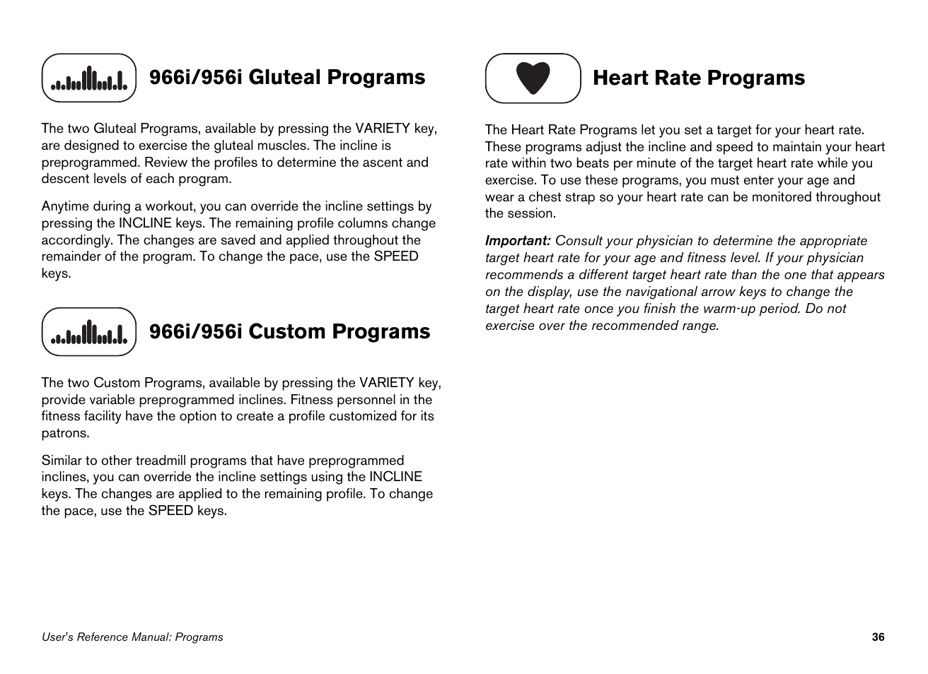 966i/956i gluteal programs, 966i/956i custom programs, Heart rate programs | Precor EFX546i User Manual | Page 86 / 114