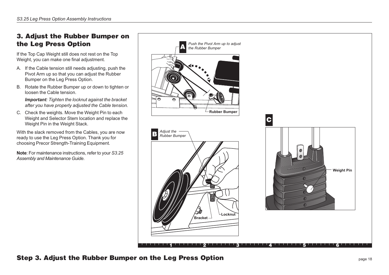 Adjust the rubber bumper on the leg press option | Precor Leg Press S3.25 User Manual | Page 18 / 20