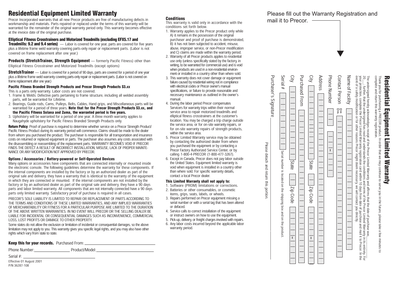 Residential equipment limited warranty, Residential equipment limited w arranty | Precor Leg Press S3.25 User Manual | Page 19 / 20