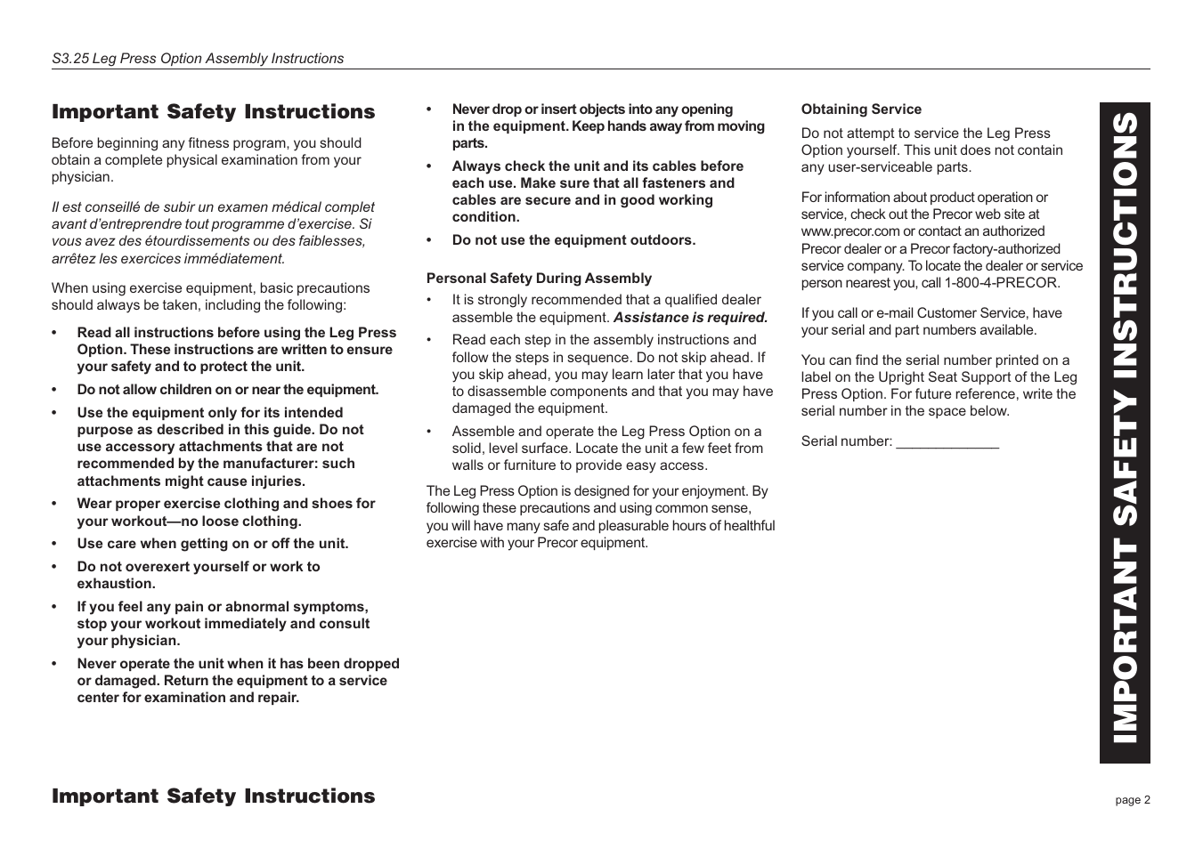 Impor t ant safety instructions | Precor Leg Press S3.25 User Manual | Page 2 / 20