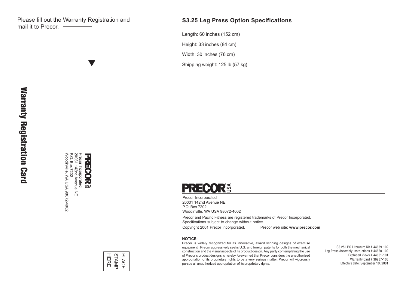 Warranty registration card | Precor Leg Press S3.25 User Manual | Page 20 / 20