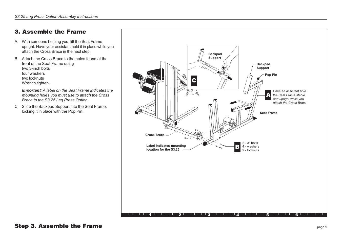 Assemble the frame, Step 3. assemble the frame | Precor Leg Press S3.25 User Manual | Page 9 / 20